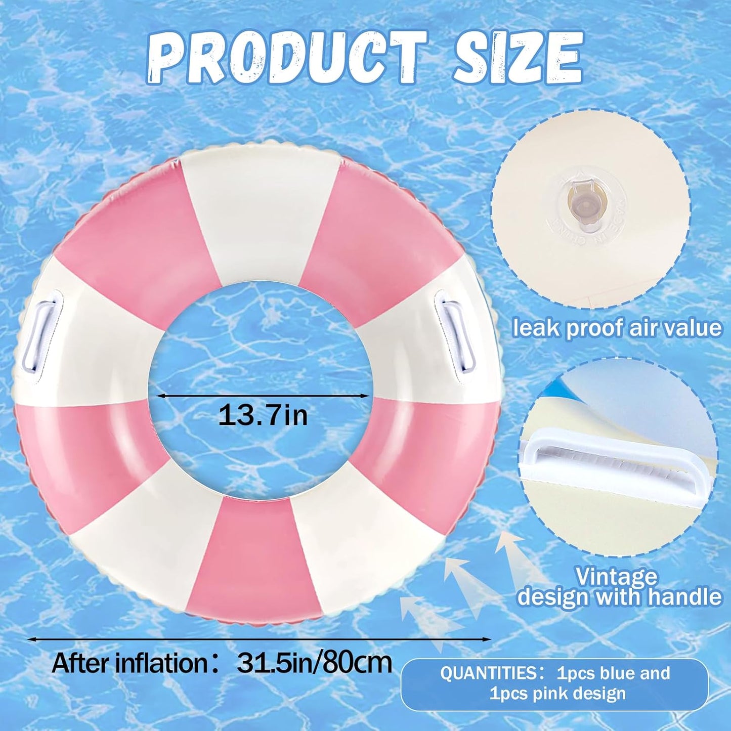 Classic Striped Pool Floats with Handle Inflatable Blue & White Stripes Tubes for Floating Large Swim Rings for Adult Summer Holiday Beach Bachelorette Party
