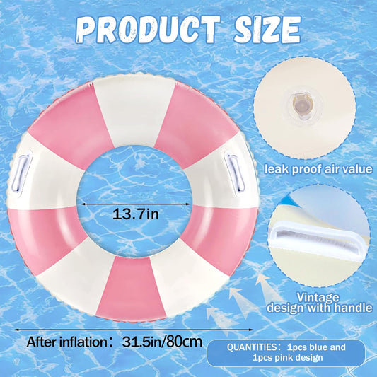 Classic Striped Pool Floats with Handle Inflatable Blue & White Stripes Tubes for Floating Large Swim Rings for Adult Summer Holiday Beach Bachelorette Party
