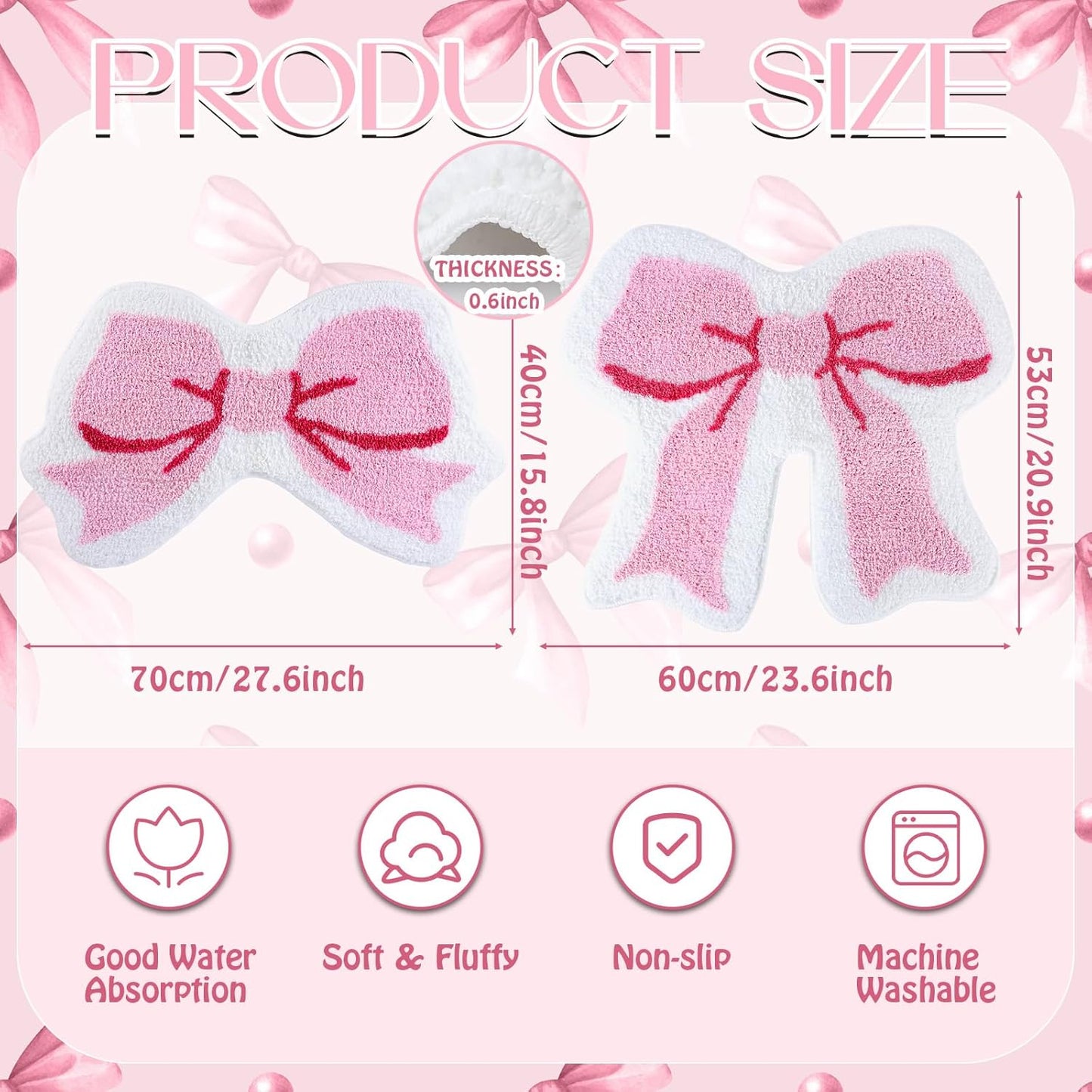 2 Pcs Pink Bow Bathroom Rugs Coquette Rug Cute Non Slip Washable Bath Mats Fluffy Plush Soft Absorbent Shower Rugs Aesthetic Bow Carpet for Bathroom Tub Bedroom Living Room Decor