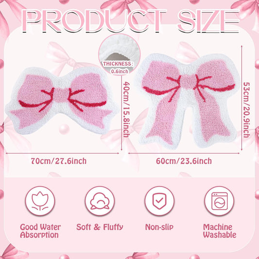 2 Pcs Pink Bow Bathroom Rugs Coquette Rug Cute Non Slip Washable Bath Mats Fluffy Plush Soft Absorbent Shower Rugs Aesthetic Bow Carpet for Bathroom Tub Bedroom Living Room Decor