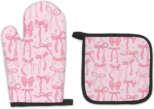 Pink Bow Coquette Decor Oven Mitts and Pot Holders Sets, PinkCoquette Preppy Kitchen Accessories Sets, Pink Ribbon Bow Preppy Heat Resistant Oven Glove Potholders for Kitchen Cooking Baking