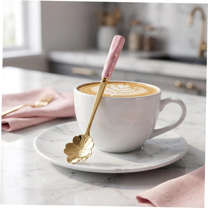 Ipetboom 4pcs Dessert Spoons with Ergonomic Ceramic Handles Multipurpose Flower Design Coffee and Cake Spoons for Household Kitchen Use Pink Gold Cherry Blossom