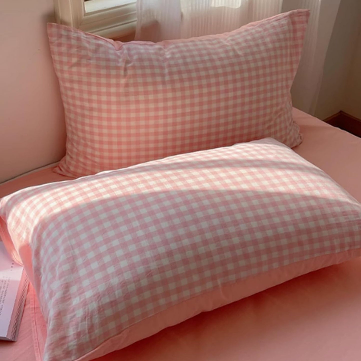 Pink/Blue Checkered Pure Cotton Pillow Cases Set of 2 Standard Queen Size Envelope Closure, Soft Washed Cotton Bedding Essentials (Queen 30" x 20",Pink)
