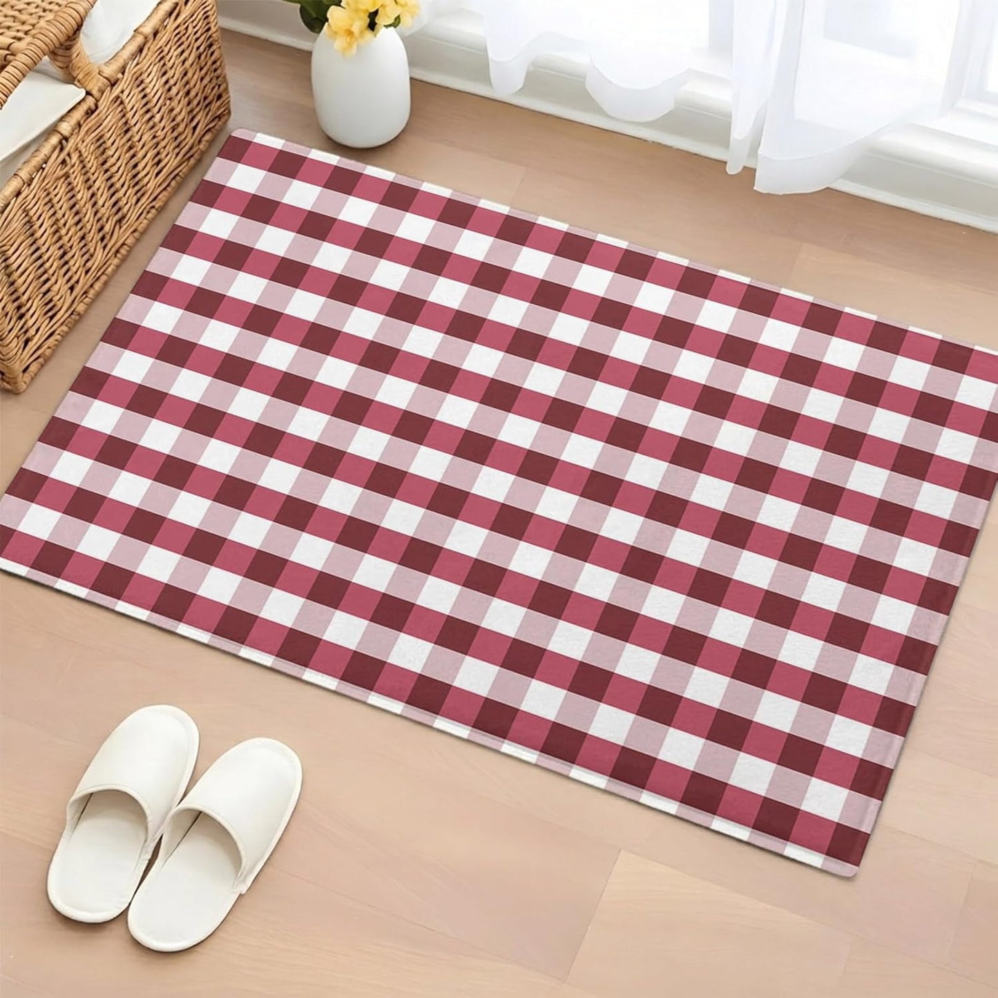 Non Slip Bath Mat for Bathroom Floor Tub, Classic Pink White Buffalo Checker Bathroom Rug Water Absorbent Soft Shaggy Rugs Indoor Doormats Geometric Square Art Lattice Plaid Mats,16x24in