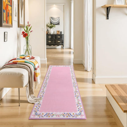 SHIYUE Boho Floral Bathroom Rugs, Ultra Soft Microfiber Water Absorption Non Slip Mat for Shower Bedroom Farmhouse Entryway Deco(18" x 47" Pink Bow)