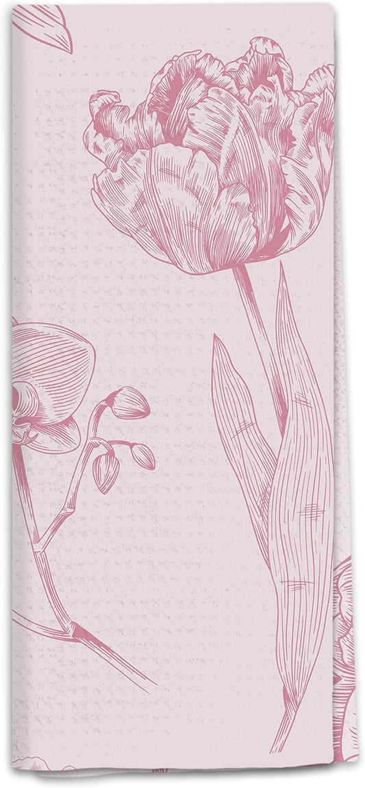 Pink Floral Kitchen Towels, Pastel Flower Botanical Dish Tea Towels for Kitchen Decor, Vintage Elegant Cottagecore Floral Decorative Hand Towel for Bathroom, 16x24 Inch