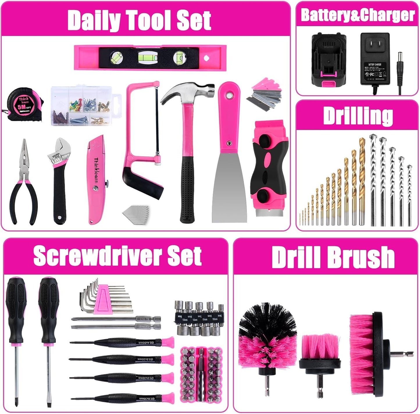 ThinkLearn Tool Kit with 20V Cordless Drill(265in-lbs), Pink Drill Set for Women, Lady's Home Tool Kit for DIY, Daily Repair Tool Set as a Creative Gift with a Large-Capacity Tool Storage Bag
