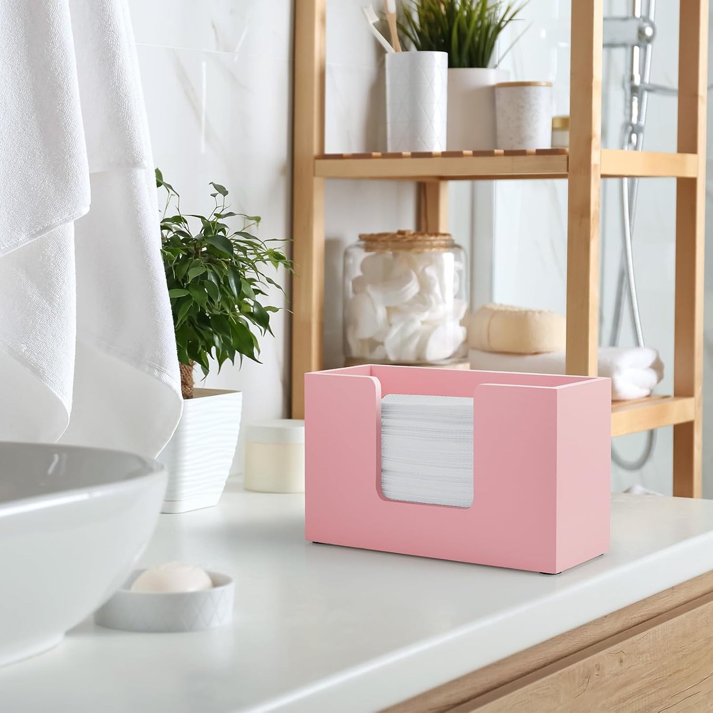 Paper Towel Dispenser Countertop, Wooden Bathroom Paper Towel Holder, Pink Napkin Holder for Kitchen, Countertop Multifold C-Fold, Z-Fold, Trifold Paper Hand Towel Dispenser for Bathroom Toilet