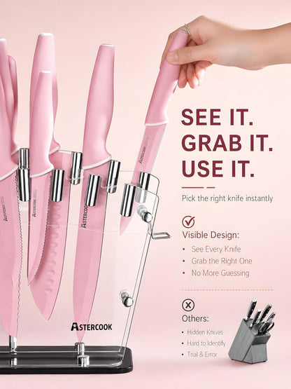 Astercook Knife Set with Block and Sharpener, 22 Piece Kitchen Knife Set Dishwasher Safe, Space-Saving Clear Knife Block with Knives for Everyday Home Cooking Pink