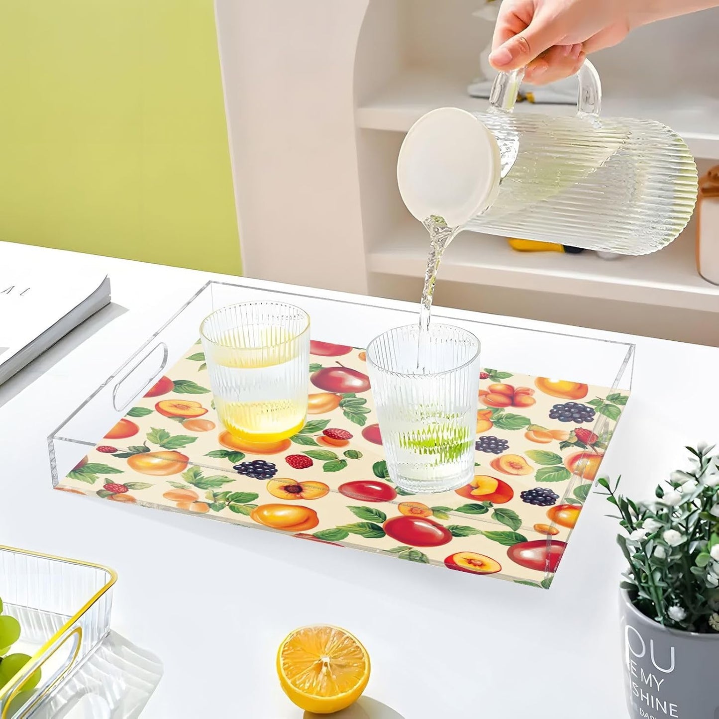 Serving Tray with Handles Clear Acrylic Tray 12x16 Inch Decorative Rectangular Tray Organizer for Ottoman Coffee Table Bathroom Georgia Peachs Vegetables Beige