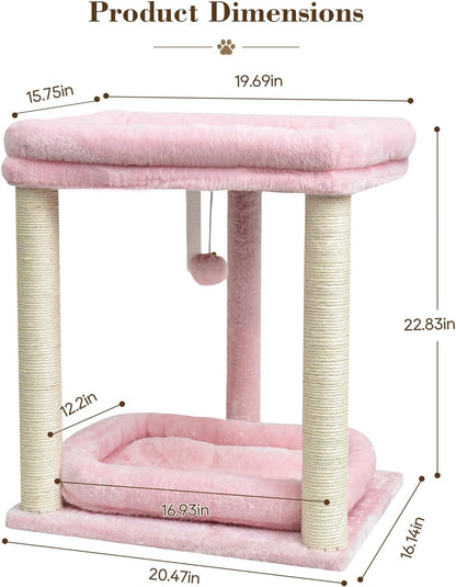 SYANDLVY Small Cat Tree for Indoor Cats with 2 Levels Perch Platforms, Natural Sisal Scratching Post Tower with Hanging Bell Ball & Anti-Tip Strap, Stable Cat Perch Furniture for Kittens, Pink