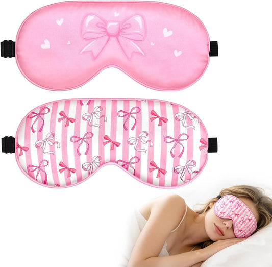 OlyPegic 2 Pcs Girls Sleep Masks for Women Girls Silk Eye Mask Sleeping Eye Masks Women with Adjustable Strap Soft Lightweight Eye Cover Pink Bow Blindfold Shade Light Blocking Travel Home Use