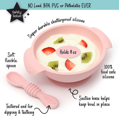PrimaStella Unbreakable Silicone Non-Slip Bowl and Chew Spoon Set for Babies and Toddlers (Pink)