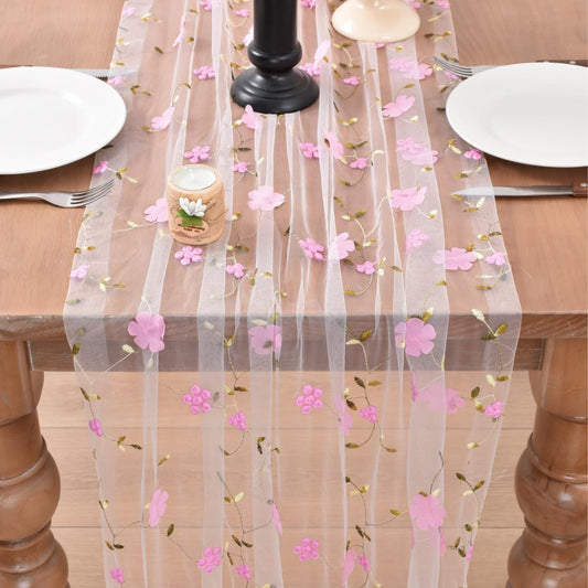 Joanlody Pink Floral Table Runner 10ft Embroidery Wildflowers Summer Seasonal Rustic Gauze Runner for Baby Shower Wedding Party Holiday Home Kitchen Dining Table Decor