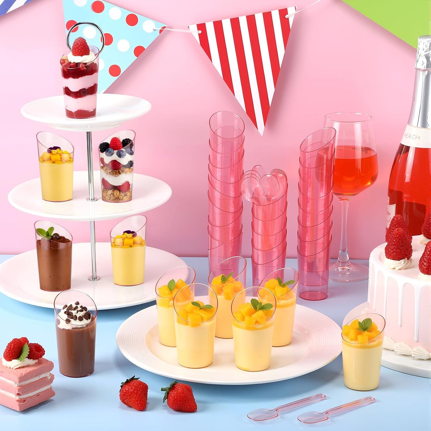 Newtay 50 Pcs 3oz Mini Slanted Dessert Cups with Spoons, Pink Ice Cream Cups for Graduation Party, Disposable Buffet Serving Bows for Birthday Wedding Brunch, Nuts Salad Snacks Yogurt