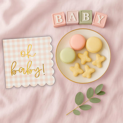Cloverjoyed 'Oh Baby' Pink Baby Shower Decorations for Girls, Pink Plaid Oh Baby Napkins, Gingham Scalloped It's a Girl Decor, 1st Birthday, Welcome Home, Sprinkles, Pregnancy Announcement, 50 Pack