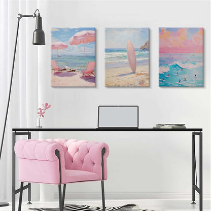 3 Pcs Coastal Wall Art Pink Beach Canvas Print Beach Aesthetic Wall Decor Summer Style ocean surfing poster for Bathroom Living Room Bedroom Girls Room Girls Dormitory Wall Decor 16 x 24in Canvas