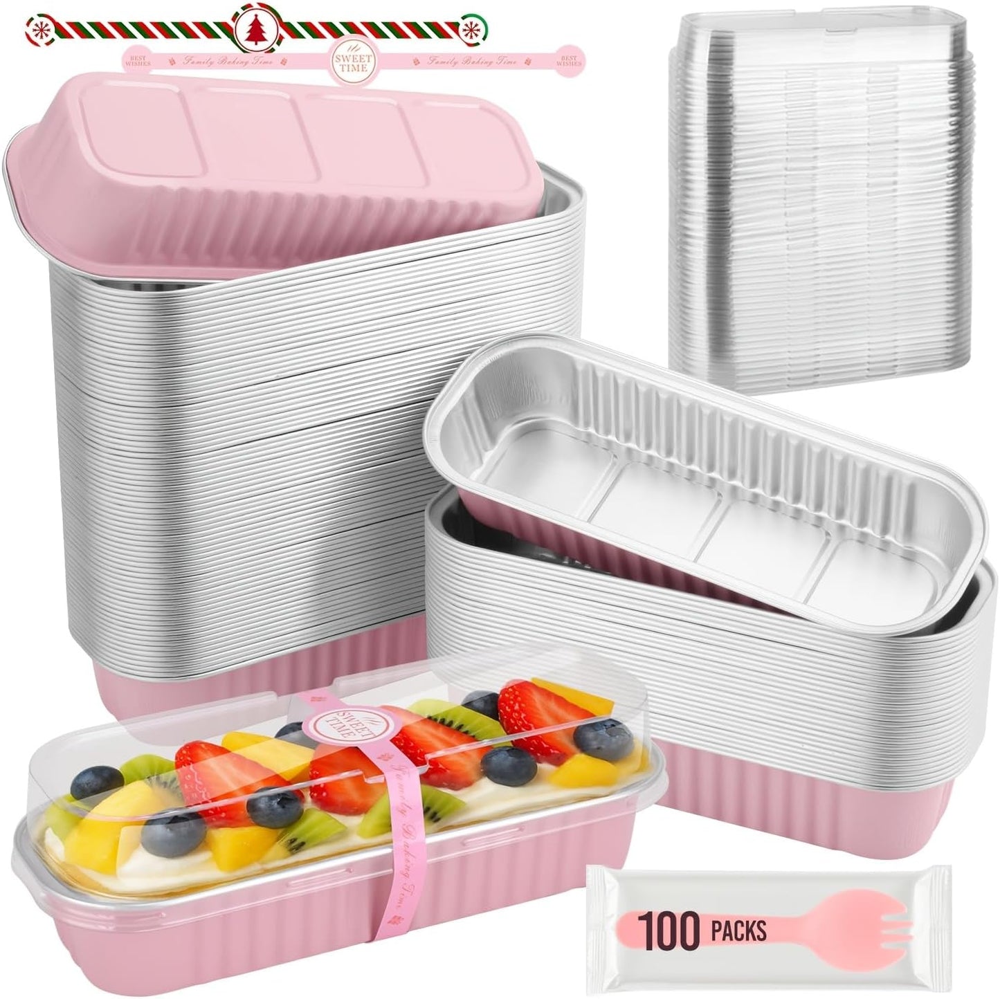 Mini Loaf Pans With Lids and Spoons, 100 PCS 6.8oz Mini Cake Pans for Baking, Aluminum Foil Loaf Pans, Small Aluminum Cake Tins, Cake Pans with Clear Lids,Sporks，Stickers(Pink)