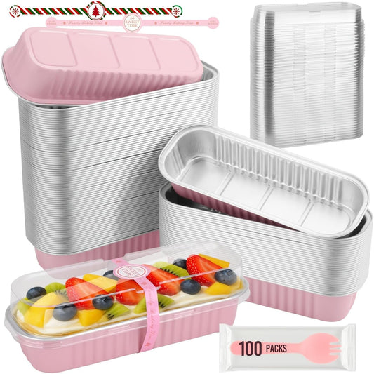 Mini Loaf Pans With Lids and Spoons, 100 PCS 6.8oz Mini Cake Pans for Baking, Aluminum Foil Loaf Pans, Small Aluminum Cake Tins, Cake Pans with Clear Lids,Sporks，Stickers(Pink)