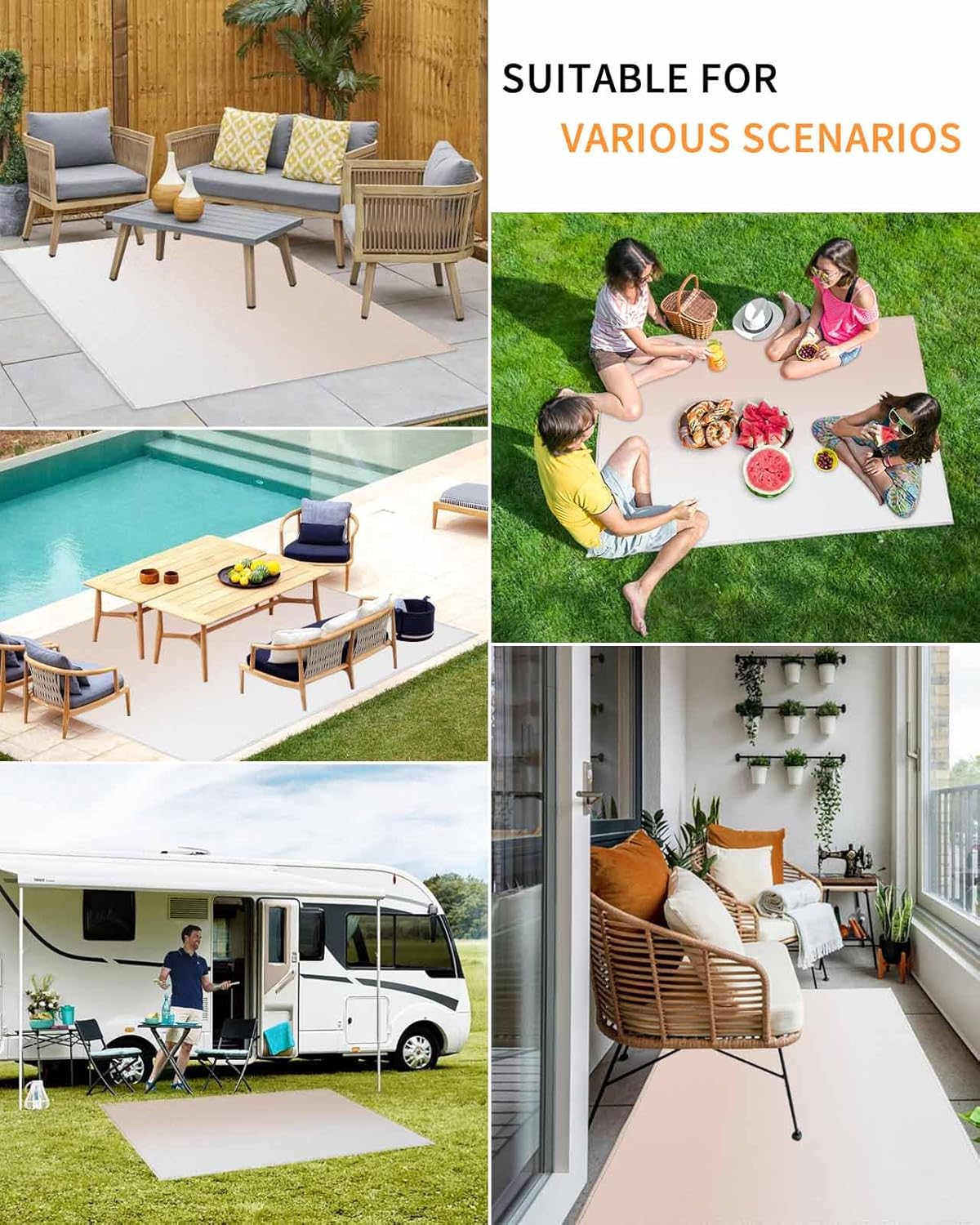 Outdoor Rug for Patio, Large Floor Mat Dreamy Peach Pink and White Gradient Non Slip Area Rug Rubber Backing Quick Dry Clearance Carpet for Camping Rugs, Garden, Lawn, Deck, Porch, 6' x 9'