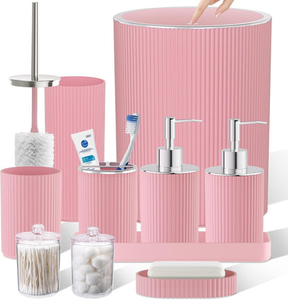 Light Pink Bathroom Accessories Set, 10PC Bathroom Set, Bath Accessory with Pop Up Trash Can, Soap Dispenser, Toilet Brush, Toothbrush Set Qtip Holders & Tray