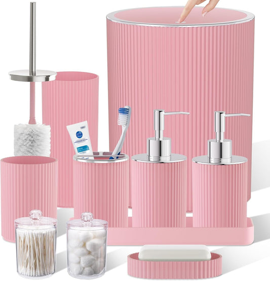Light Pink Bathroom Accessories Set, 10PC Bathroom Set, Bath Accessory with Pop Up Trash Can, Soap Dispenser, Toilet Brush, Toothbrush Set Qtip Holders & Tray