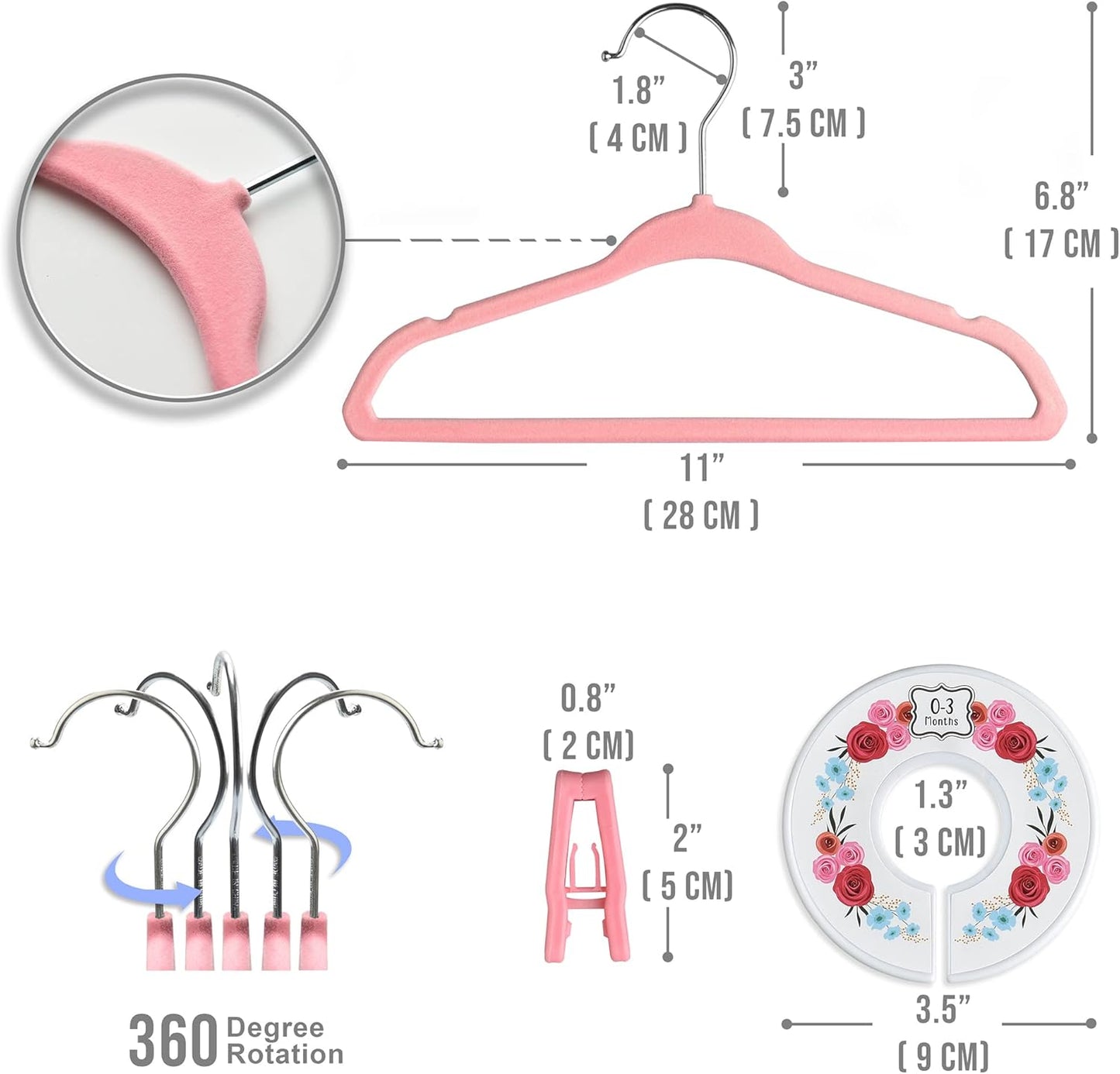 Babyrish Velvet Baby Hangers with 10x Clips and 8X Dividers (30 Pack) | 11” Ultra-Slim Baby Clothes Hangers | Non-Slip Felt | Space-Saving Nursery & Infant Closet Organizer | Pink