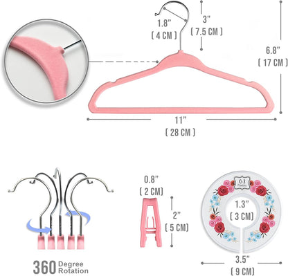 Babyrish Velvet Baby Hangers with 10x Clips and 8X Dividers (30 Pack) | 11” Ultra-Slim Baby Clothes Hangers | Non-Slip Felt | Space-Saving Nursery & Infant Closet Organizer | Pink