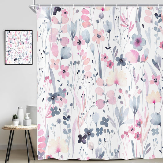 deFouliao Watercolor Floral Shower Curtain Pink Cute Flower Plant Bathroom Curtain for Bathtub Modern Minimalist Waterproof Fabric Shower Curtains Set with Hooks, 72x72 Inch