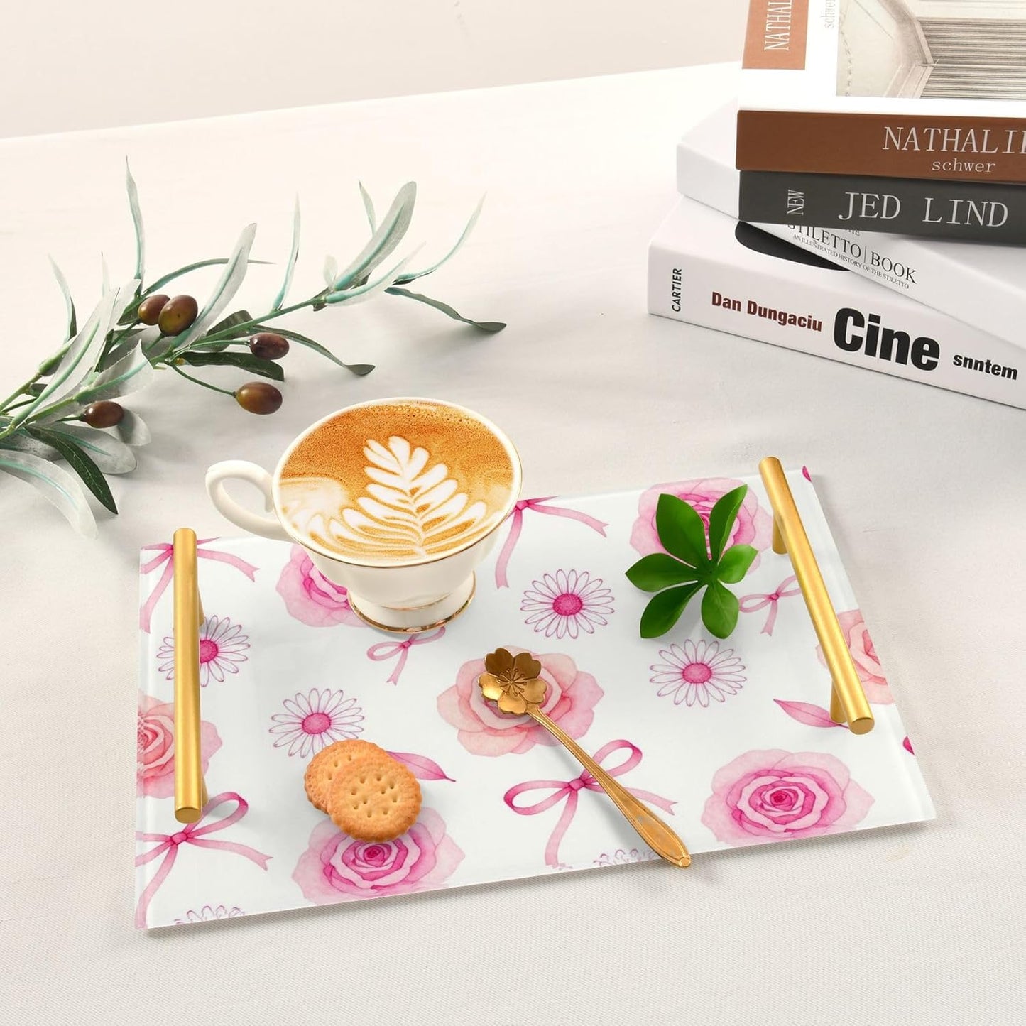 Retro Pink Rose Bow Decorative Food Tray with Handles Flat Serving Tray for Jewelry Perfume for Decorative Food bandejas para comida decorativas