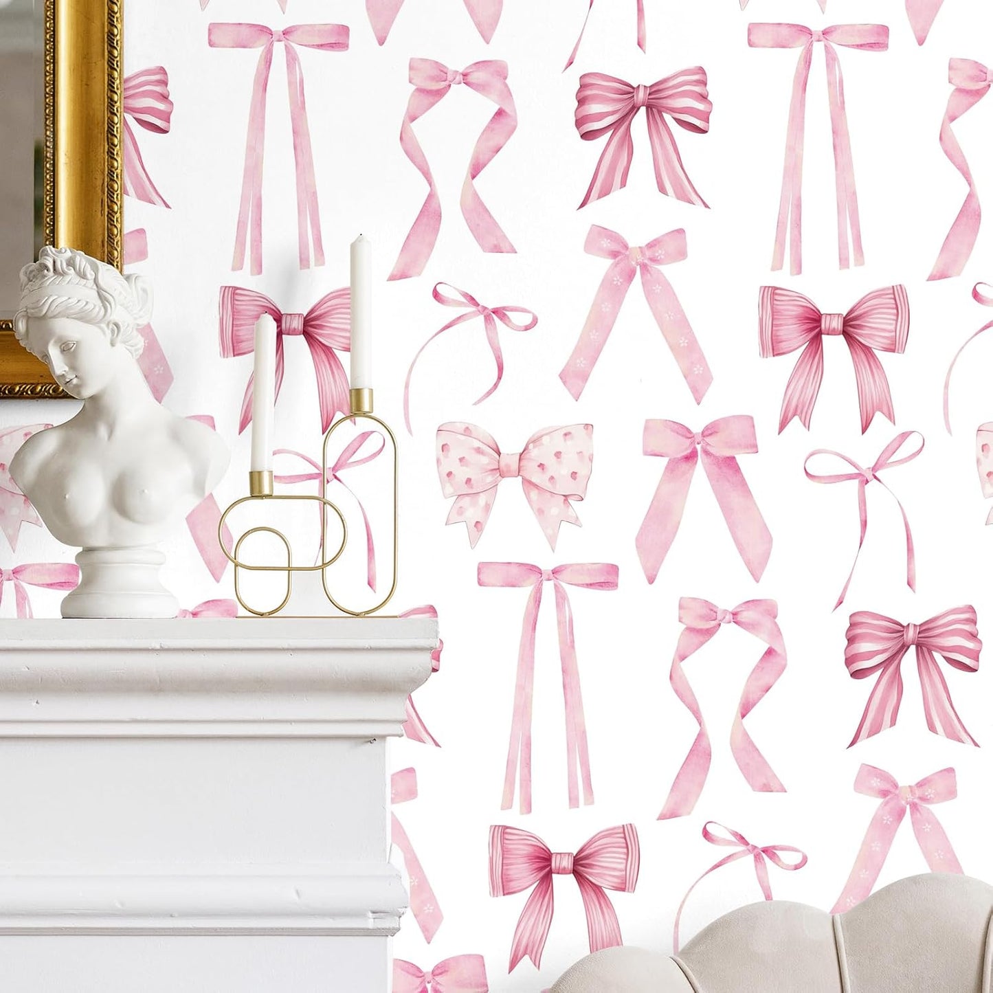 Nuanchu Pink Bow Wallpaper 15.75 x 118 Bow Ribbons Peel and Stick Wallpaper Coquette Trendy Preppy Removable Feminine Ballet Girly Adhesive Removable Coquette Room Decor