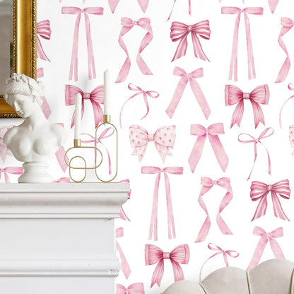 Nuanchu Pink Bow Wallpaper 15.75 x 118 Bow Ribbons Peel and Stick Wallpaper Coquette Trendy Preppy Removable Feminine Ballet Girly Adhesive Removable Coquette Room Decor