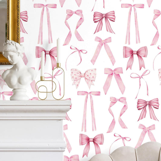 Nuanchu Pink Bow Wallpaper 15.75 x 118 Bow Ribbons Peel and Stick Wallpaper Coquette Trendy Preppy Removable Feminine Ballet Girly Adhesive Removable Coquette Room Decor