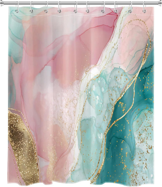 HVEST Pink Marble Shower Curtain for Bathroom,Turquoise Marble Luxury Shower Curtain with Hooks,Modern White and Gold Abstract Bathroom Shower Curtain Set Bathroom Decor,72L X 60W inches