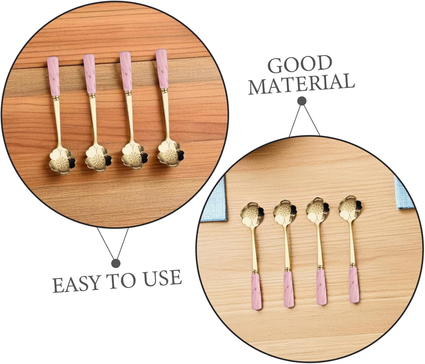Healifty 4pcs Dessert Spoons with Ceramic Flower Handles Practical Cake and Coffee Spoons Elegant Rounded Handle Design for Home Coffee Shops and Bars Pink Gold