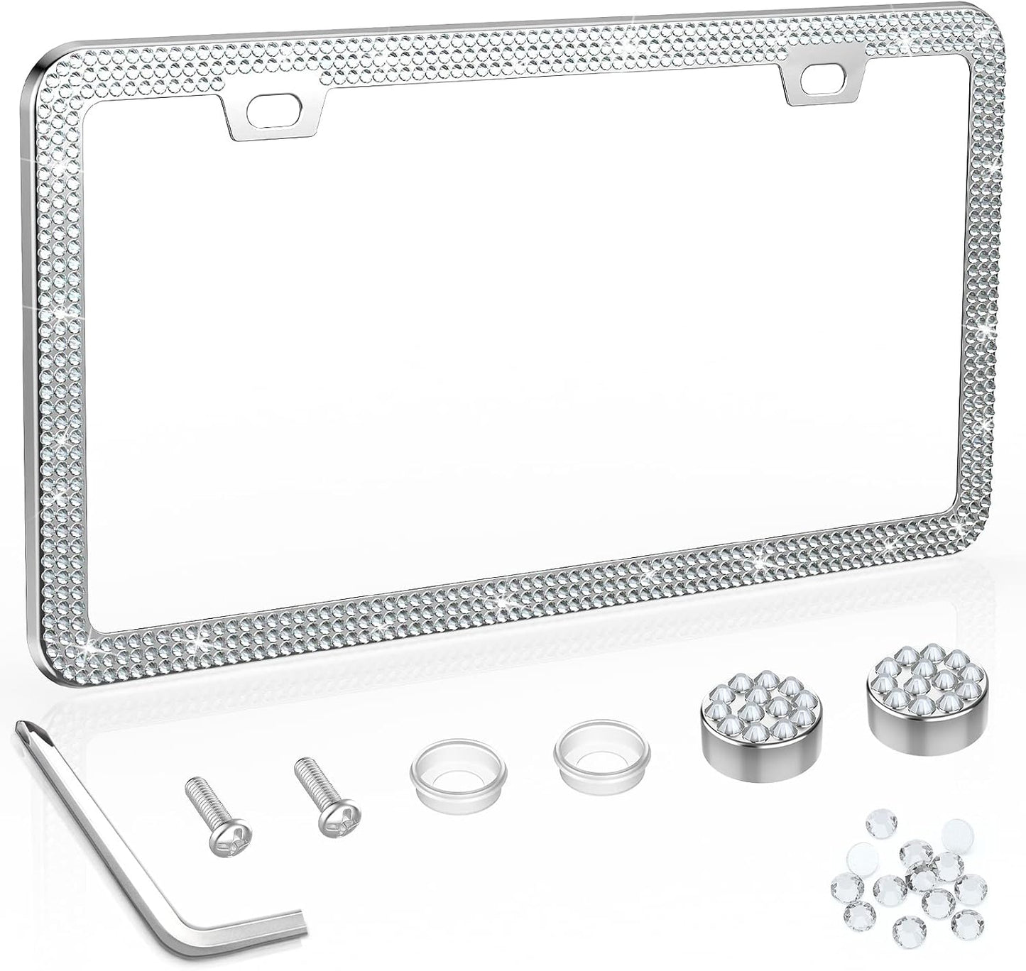 QiqaMole 2 Pack License Plate Frame Include 1 Silicone License Plate Frame and 1 Crystal License Plate Cover with Rhinestone Crystal Diamond Screw Set Car Bling License Plate Frames (Pink + White)