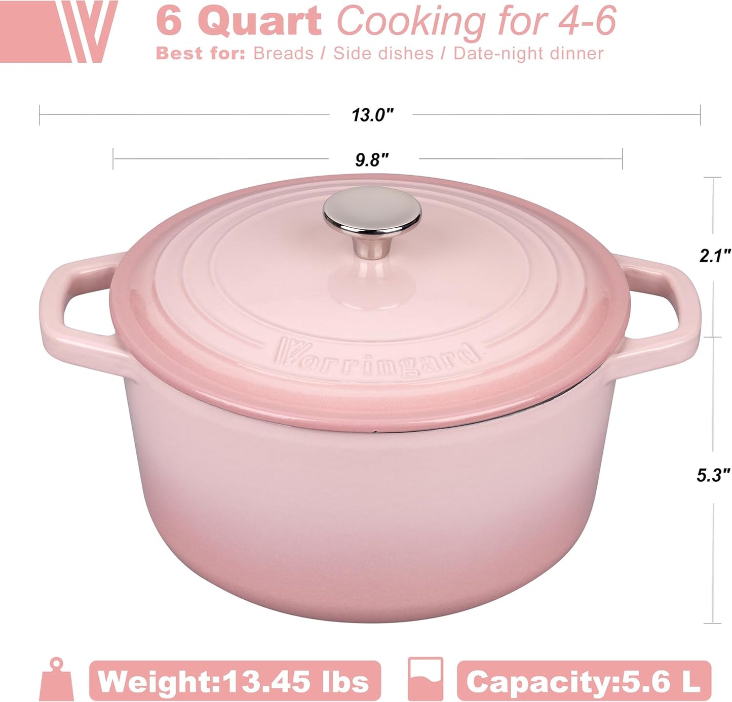 VORRINGARD Enameled Cast Iron Dutch Oven Pot with Lid, for Bread Baking, Round Bread Oven- include Sourdough Bread Baking Supplies Set, 6QT, Pink