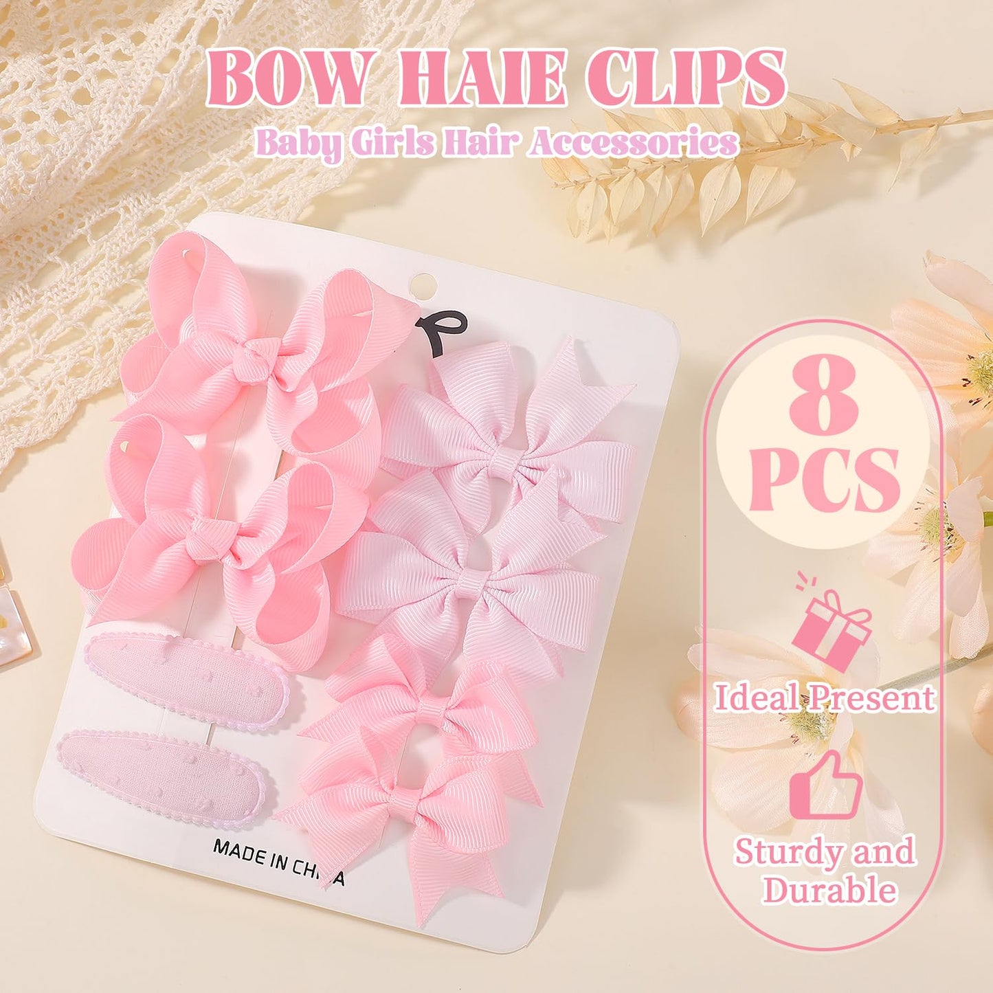 choicbaby 8pcs Baby Girl Hair Bow Clips Set, Pink Toddler Hair Clips Boutique Grosgrain Ribbon Bow Hair Barrettes Accessories for Infant Toddler Kids