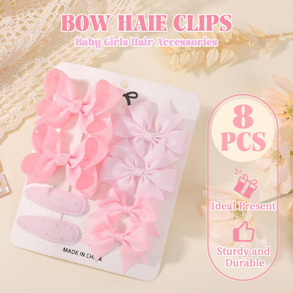 choicbaby 8pcs Baby Girl Hair Bow Clips Set, Pink Toddler Hair Clips Boutique Grosgrain Ribbon Bow Hair Barrettes Accessories for Infant Toddler Kids