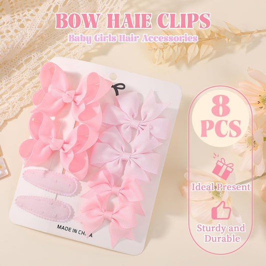choicbaby 8pcs Baby Girl Hair Bow Clips Set, Pink Toddler Hair Clips Boutique Grosgrain Ribbon Bow Hair Barrettes Accessories for Infant Toddler Kids