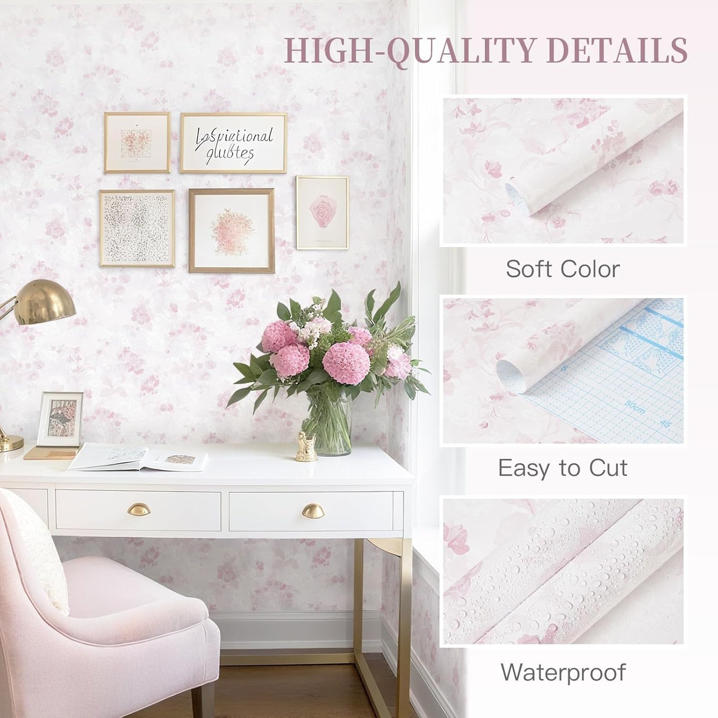 Dimoon 78.7"x17.3" Pink Wallpaper Floral Contact Paper Peel and Stick Wallpaper White Vintage French Country Renter Friendly Bathroom Boho Flower Removable Wall Paper Kitchen Self Adhesive Vinyl Roll