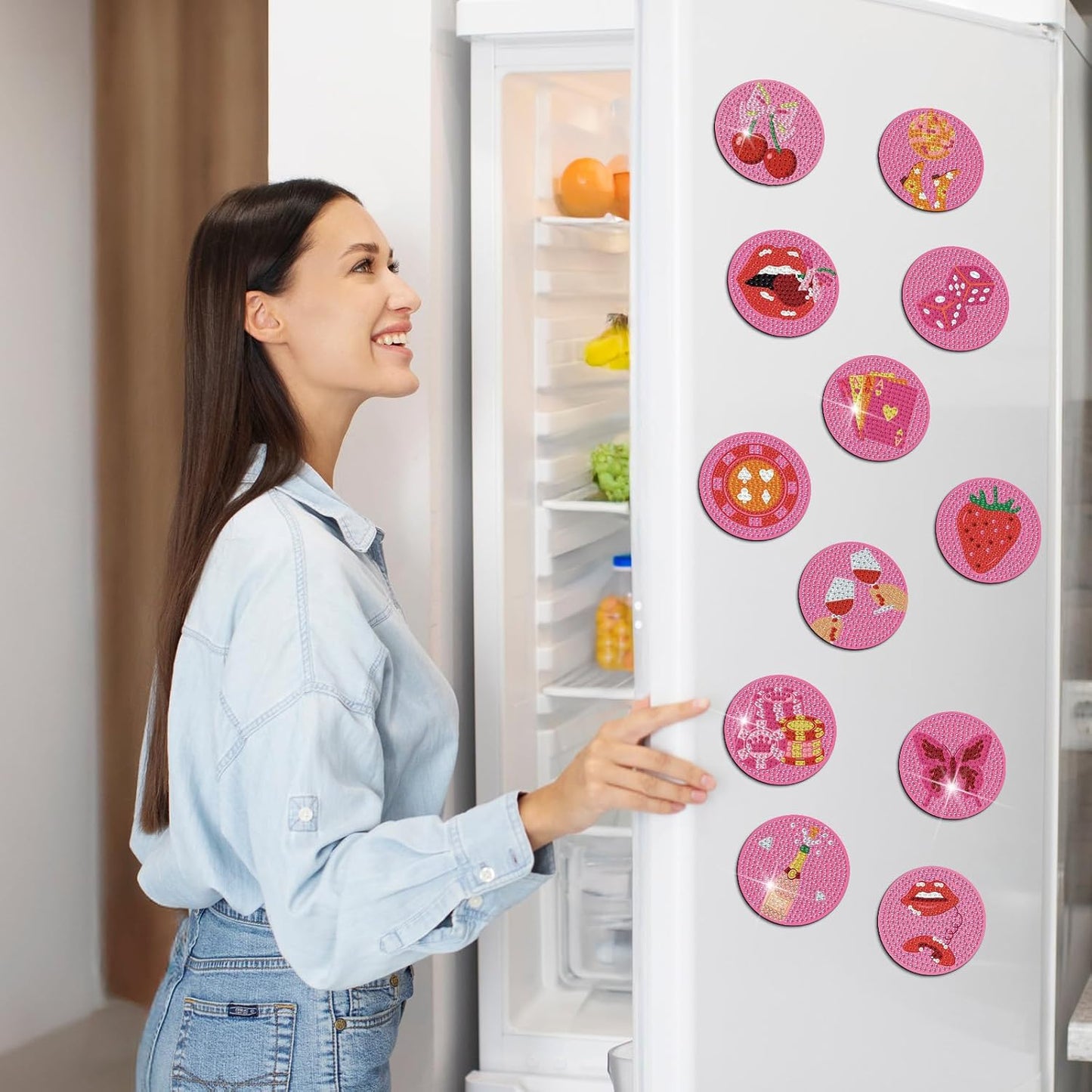 Zonon 12 Pcs Pink Diamond Painting Magnets Kit DIY Crystal Art Magnetic Stickers for Adults Cute Fridge Decor Craft Set Refrigerator Accessories Home Decoration