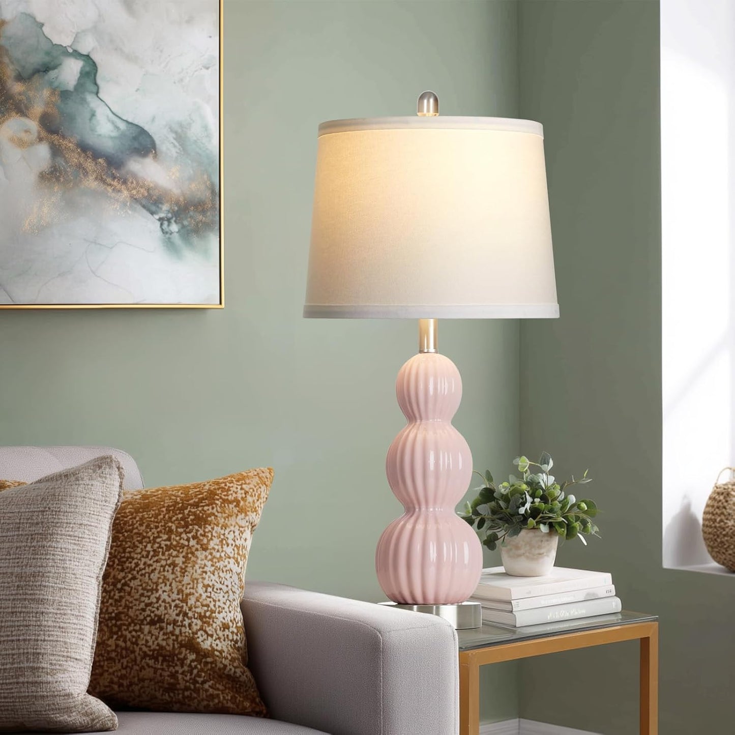 28" Pink Ceramic Table Lamps Set of 2, Modern Bedside Lamps for Night Stands, Triple Gourd Table Lamp for Living Room End Table or Bedroom Nightstand (2 LED Bulbs Included)