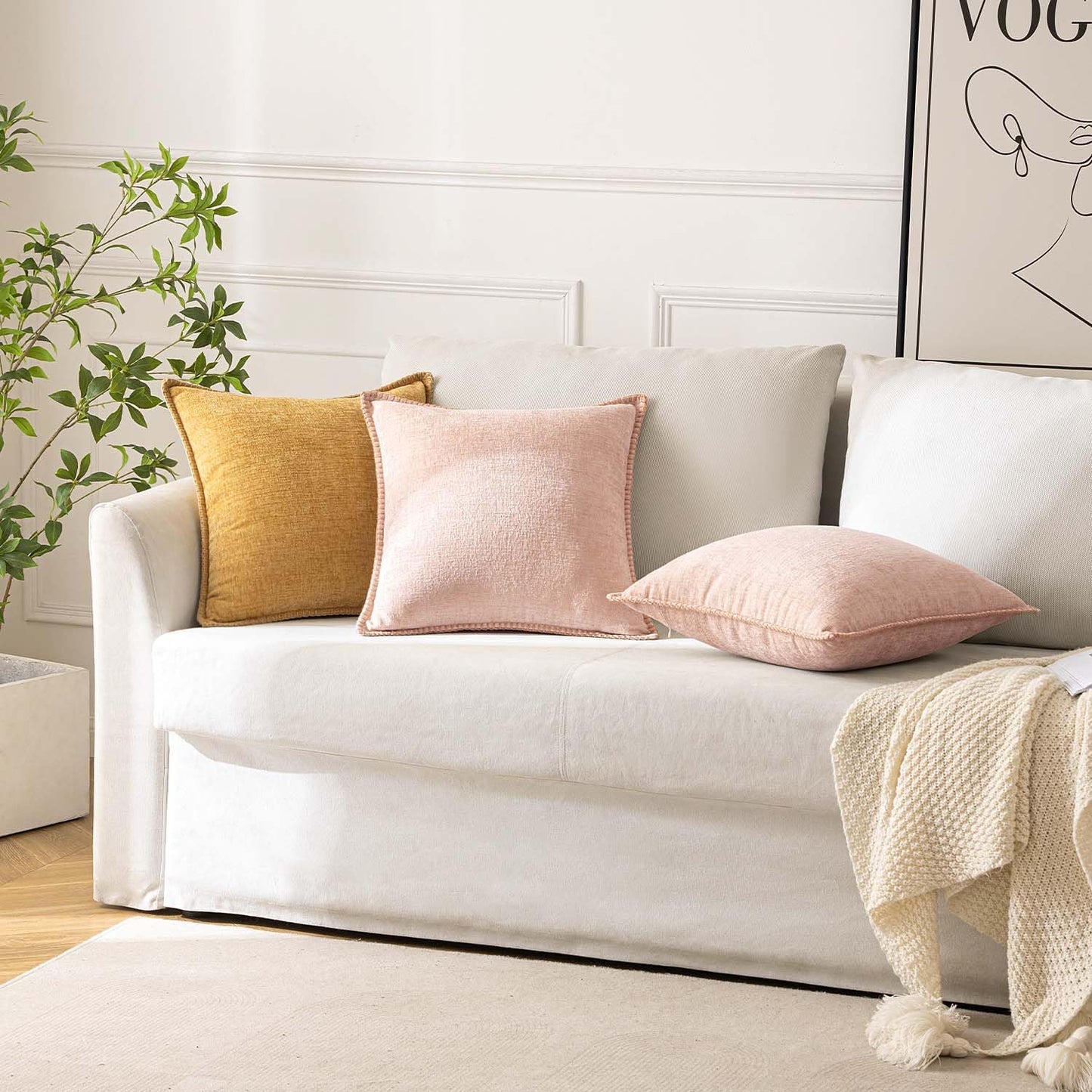 ANRODUO Pack of 2 Blush Pink Chenille Throw Pillow Covers 18x18 Inch Farmhouse Decorative Pillow Covers with Stitched Edge Soft Throw Pillows for Couch Sofa Bed and Living Room Fall Boho Home Decor