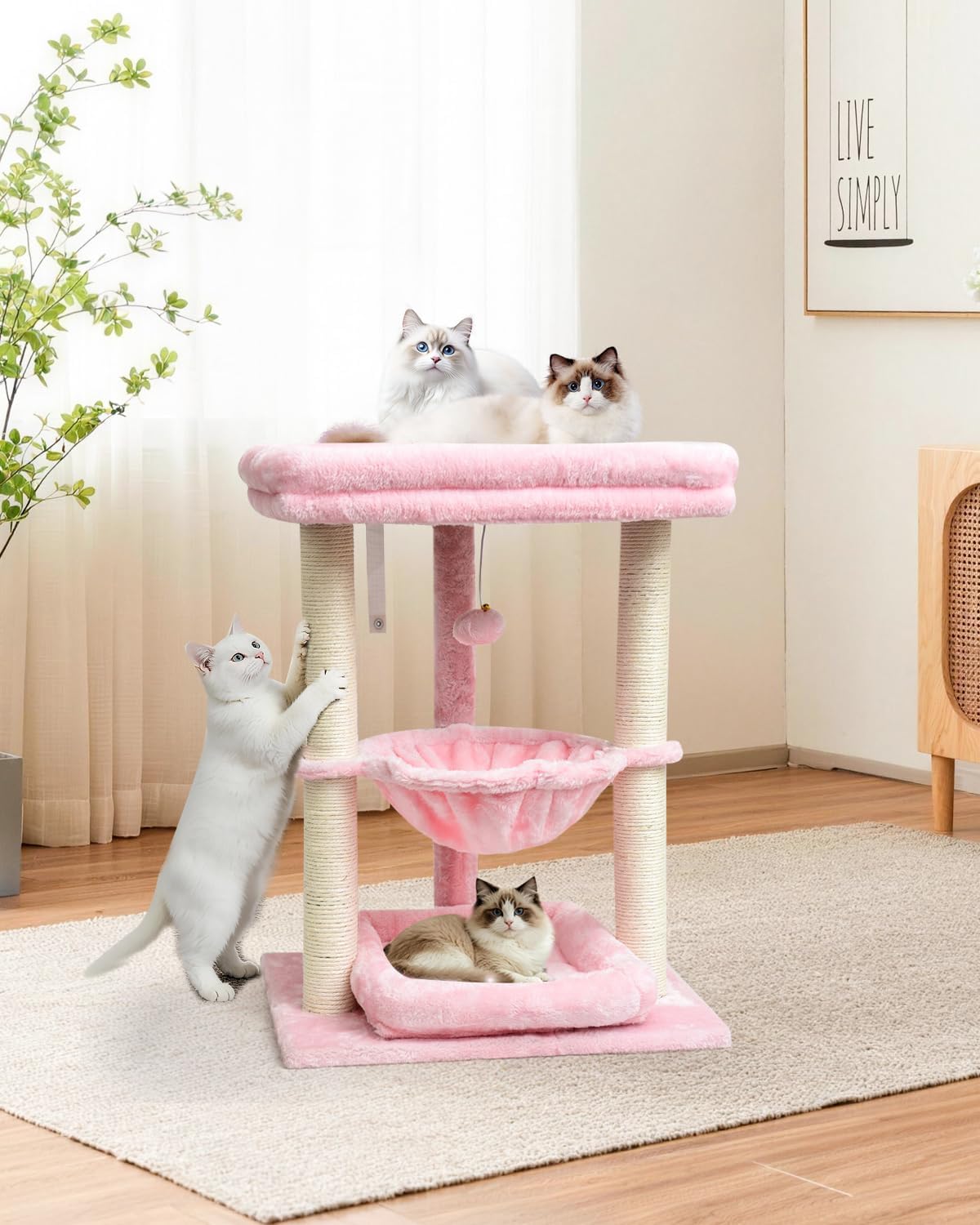 SYANDLVY Small Cat Tree for Indoor Cats with Top Perch, Middle Hammock & Bottom Bed, Natural Sisal Scratching Post Tower with Hanging Bell Ball & Anti-Tip Strap, Stable Indoor Cat Furniture, Pink