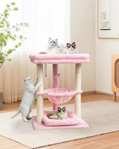 SYANDLVY Small Cat Tree for Indoor Cats with Top Perch, Middle Hammock & Bottom Bed, Natural Sisal Scratching Post Tower with Hanging Bell Ball & Anti-Tip Strap, Stable Indoor Cat Furniture, Pink