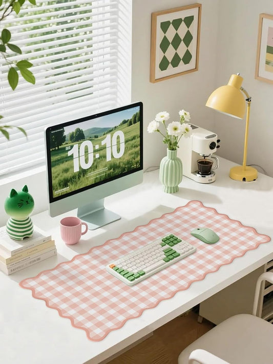 Scalloped‌ Pink Checkered Gingham Desk Mat Cute Pastel Large Mouse Pad Kawaii Cottagecore ‌Vintage‌ Girly Laptop Keyboard Computer Mat Pad Aesthetic Cozy Office Desk Decor for Women