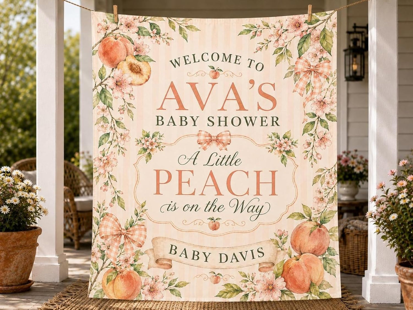 Personalized A Little Peach Is On The Way Baby Shower Banner, Custom Peach Theme Welcome Sign, Floral Baby Girl Shower Decorations, Sweet Baby Shower Banner