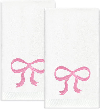 JarThenaAMCS 2 Pack Bow Hand Towels Valentine's Day Cotton Bath Towel Pink Bowknot Embroidered Dish Towel for Kitchen Bathroom Hand Drying Cleaning, 29.5 x 13.7 Inch
