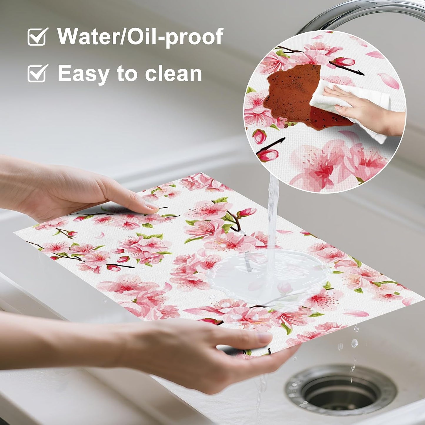 AOFOTO Pink Floral Placemat Set of 4 Spring Pink Cherry Blossom Flowers Printed Place Mats Washable Rectangular Table Mats for Party Home Kitchen Restaurant Dining Table Decor 12x18 Inch